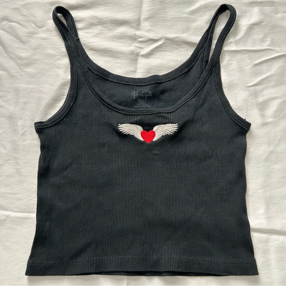 Brandy Melville John Galt Angel Wings Embroidered Black Cropped Tank Top, OS